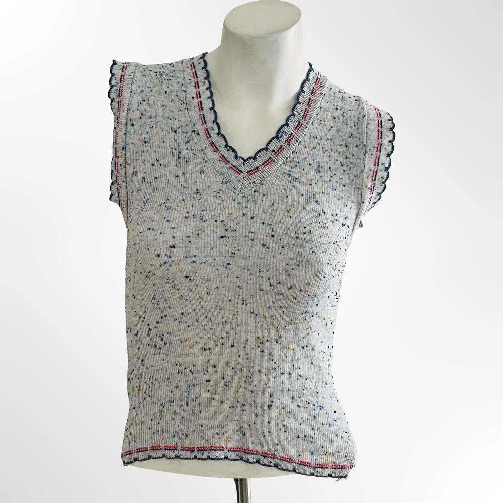 Vintage 70s Gray Heathered Rainbow Speckle Knit Vest Top With Plaid Stripe